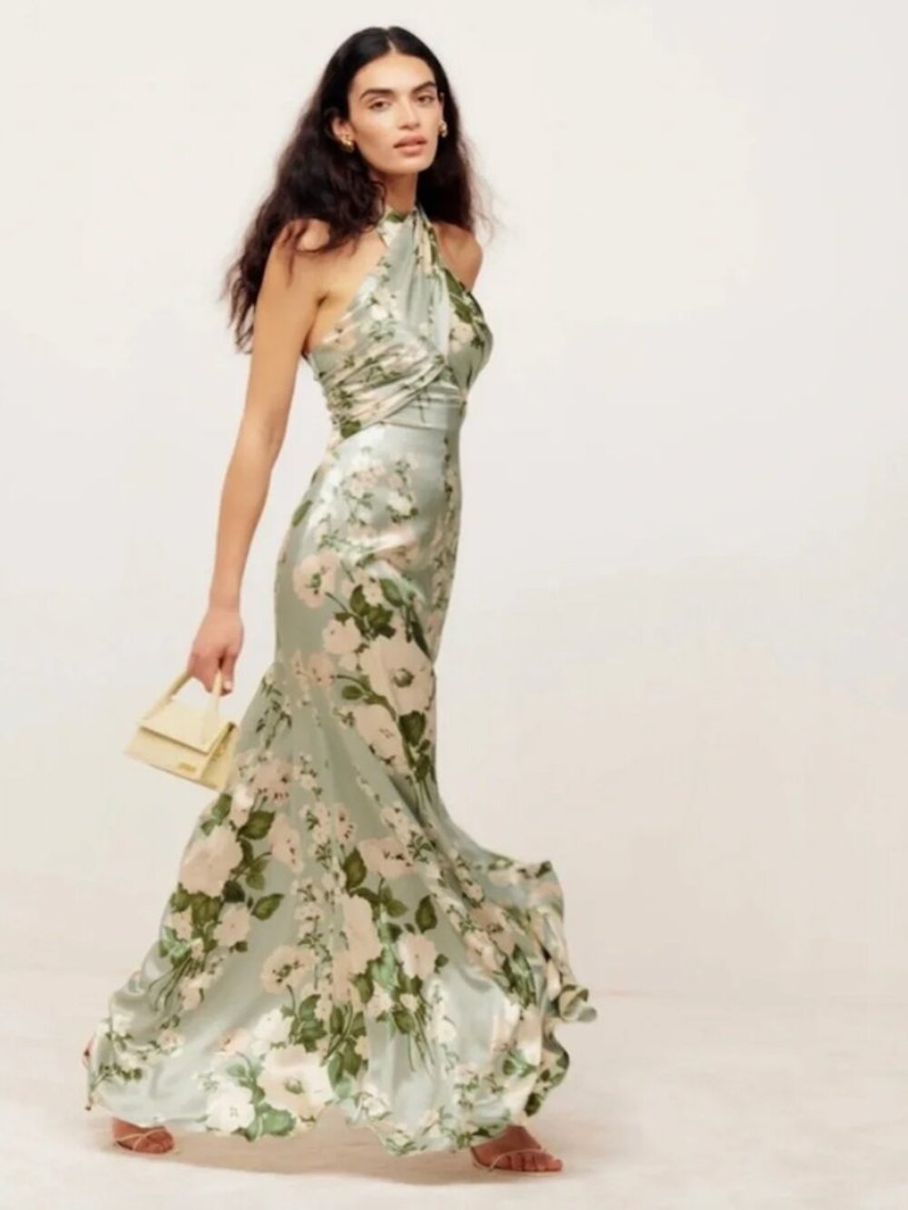 Reformation Veria Silk Maxi Dress Halter Tarragon Green Floral Gown Sz 4